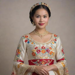 A graceful Filipina woman adorned in an elegant, traditional Filipiniana costume, displaying intricate embroidery and vivid colors.