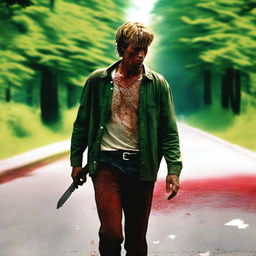 A man walking along the side of the road in the summertime, carrying a bloody knife