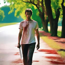 A man walking along the side of the road in the summertime, carrying a bloody knife