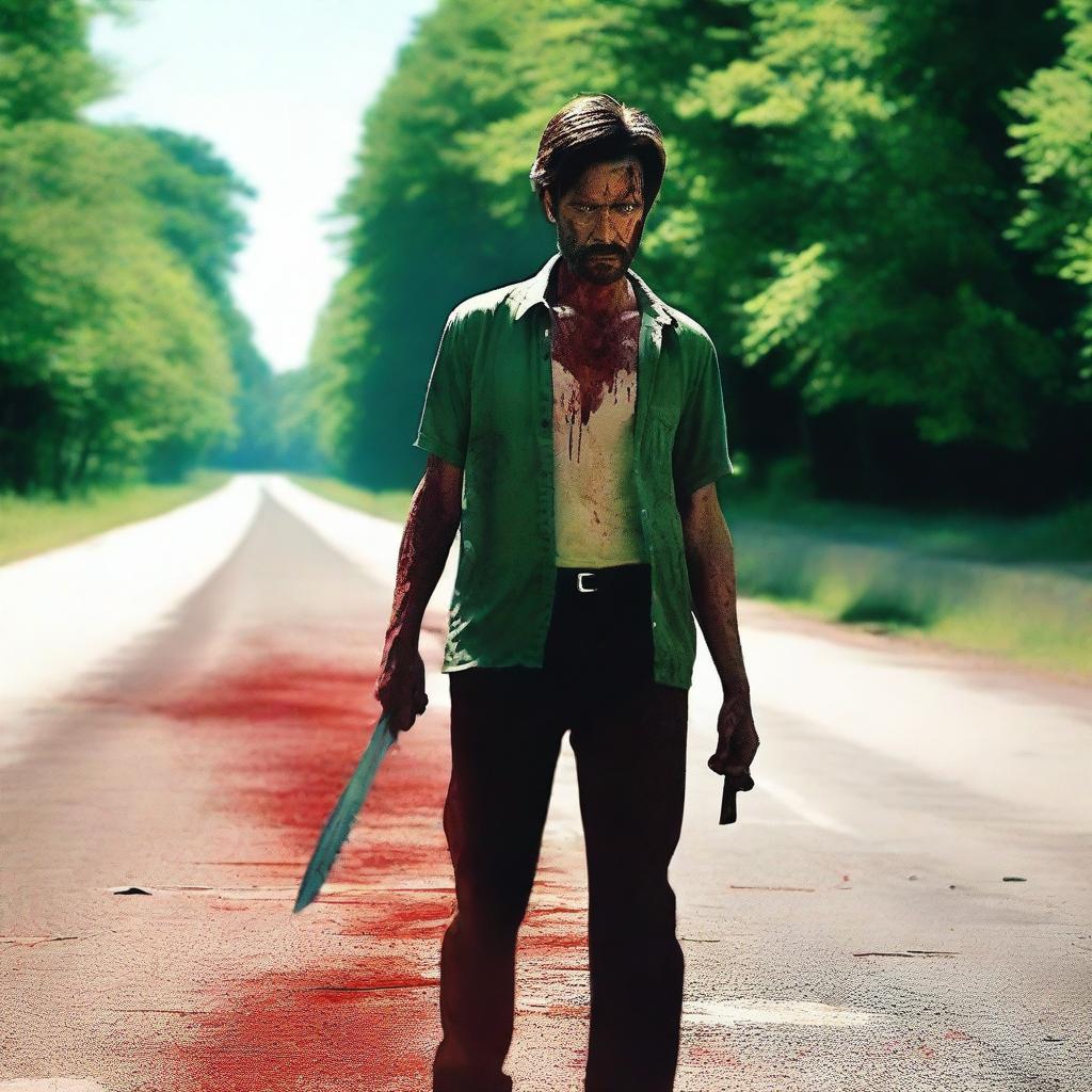 A man walking along the side of the road in the summertime, carrying a bloody knife