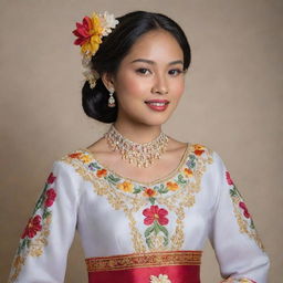 A graceful Filipina woman adorned in an elegant, traditional Filipiniana costume, displaying intricate embroidery and vivid colors.