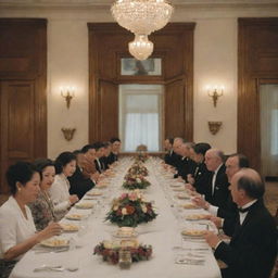 A group of people enjoying a meal of rice in a grand hotel dining room.