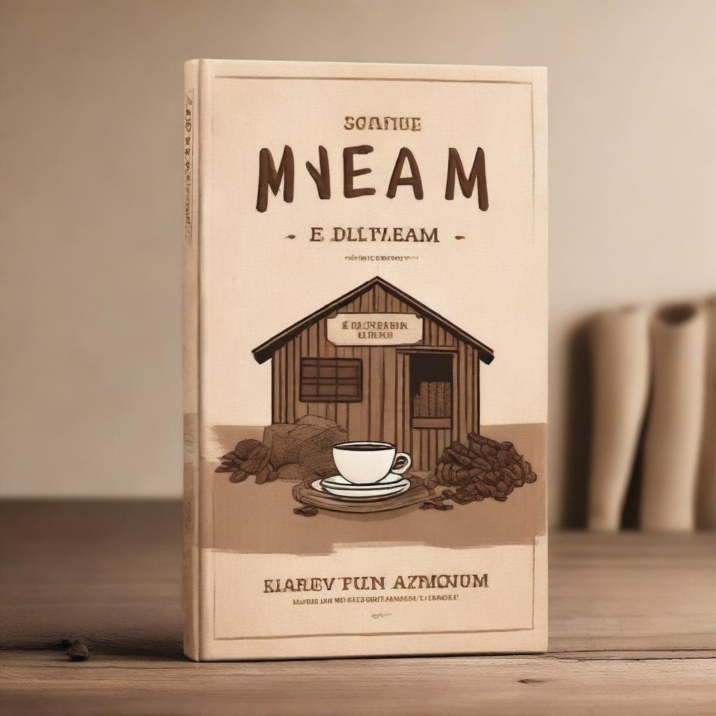 A book cover design featuring a rustic rural warehouse with sacks of coffee beans