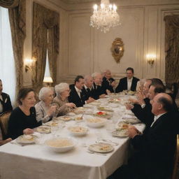 A group of people enjoying a meal of rice in a grand hotel dining room.