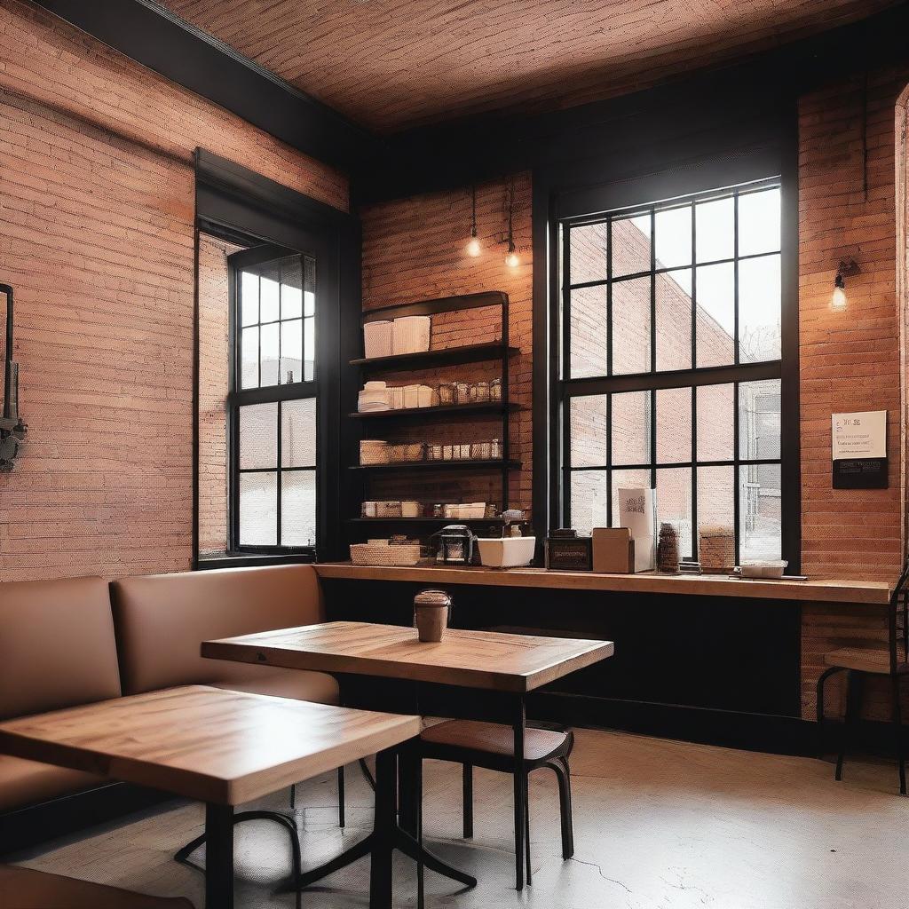 A cozy coffee shop with a rustic warehouse aesthetic