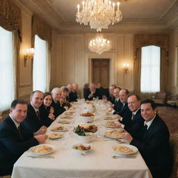 A group of people enjoying a meal of rice in a grand hotel dining room.