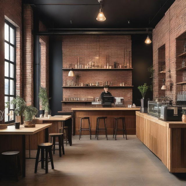 A cozy coffee shop with a rustic warehouse aesthetic