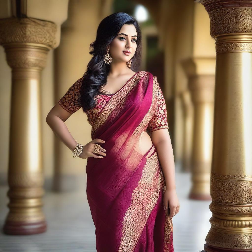 A curvy Indian aunty wearing a sexy saree, showcasing her traditional attire with elegance and grace