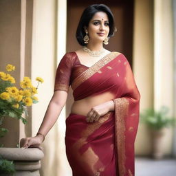 A curvy Indian aunty wearing a sexy saree, showcasing her traditional attire with elegance and grace