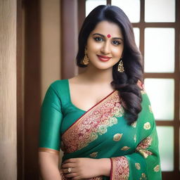 A curvy Indian aunty wearing a sexy saree, showcasing her traditional attire with elegance and grace