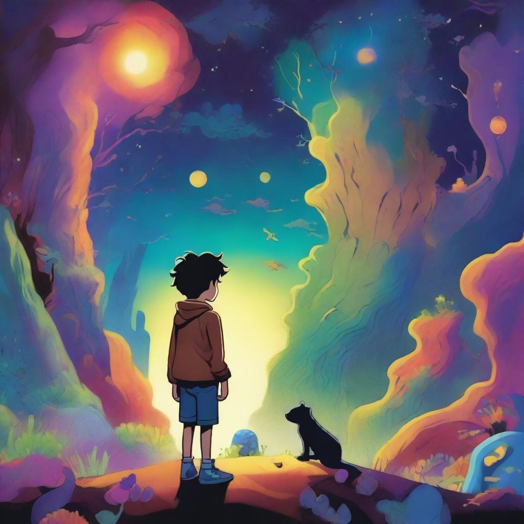 A young boy stands lost between two fantastical universes