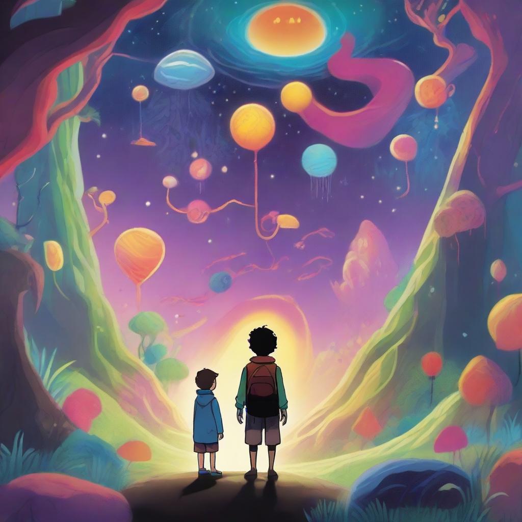 A young boy stands lost between two fantastical universes