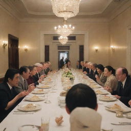 A group of people enjoying a meal of rice in a grand hotel dining room.