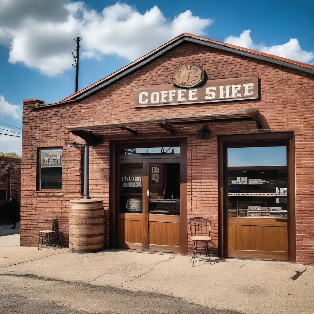 A picturesque scene featuring a vintage coffee shop and an old warehouse