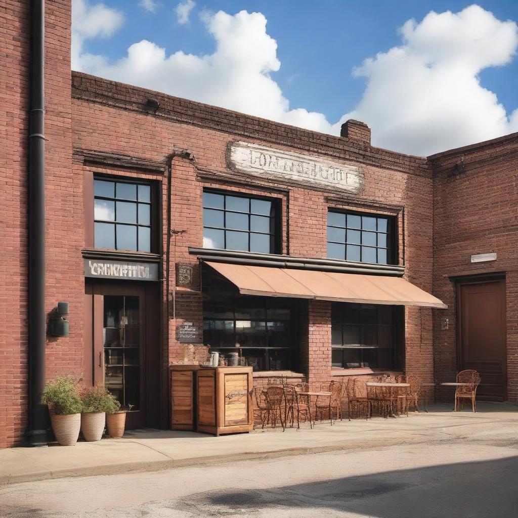 A picturesque scene featuring a vintage coffee shop and an old warehouse