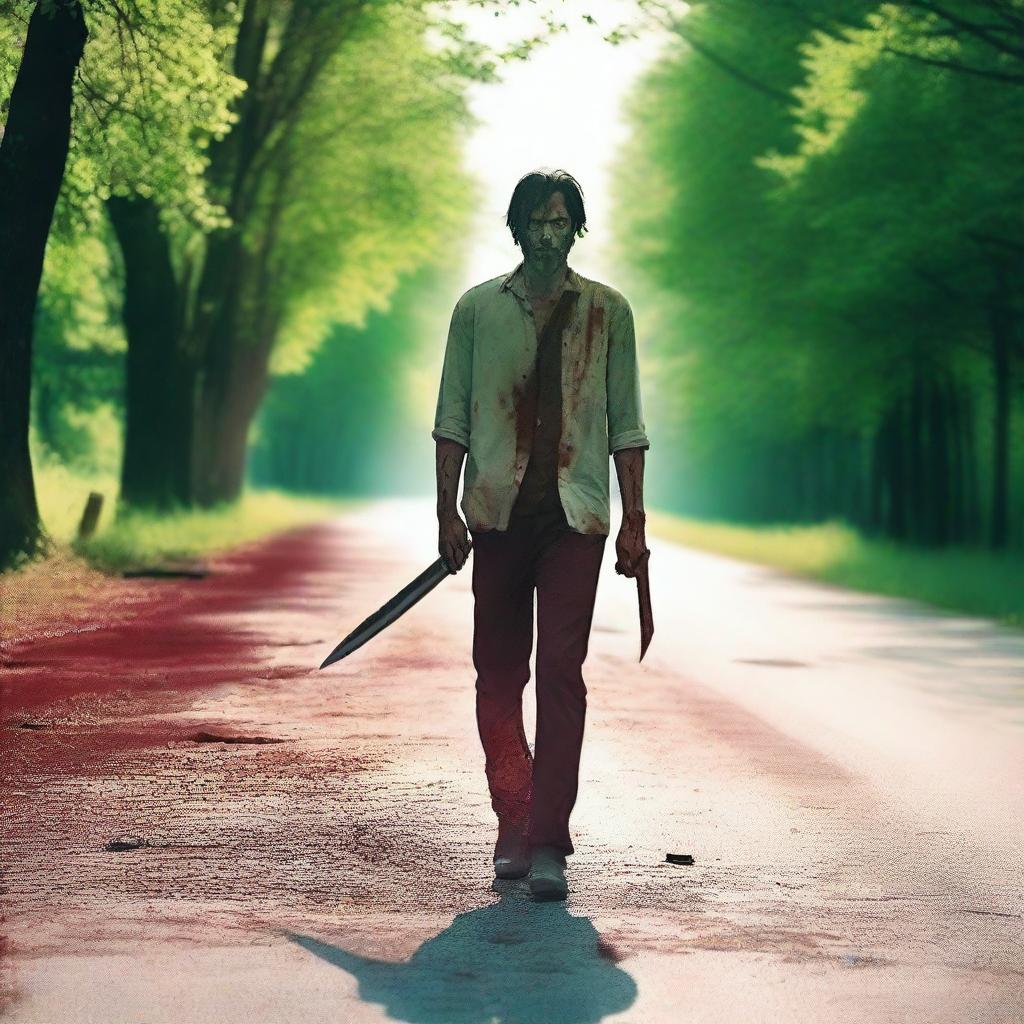 A man walking along the side of the road in the summertime, carrying a bloody knife