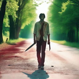 A man walking along the side of the road in the summertime, carrying a bloody knife