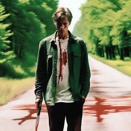 A man walking along the side of the road in the summertime, carrying a bloody knife