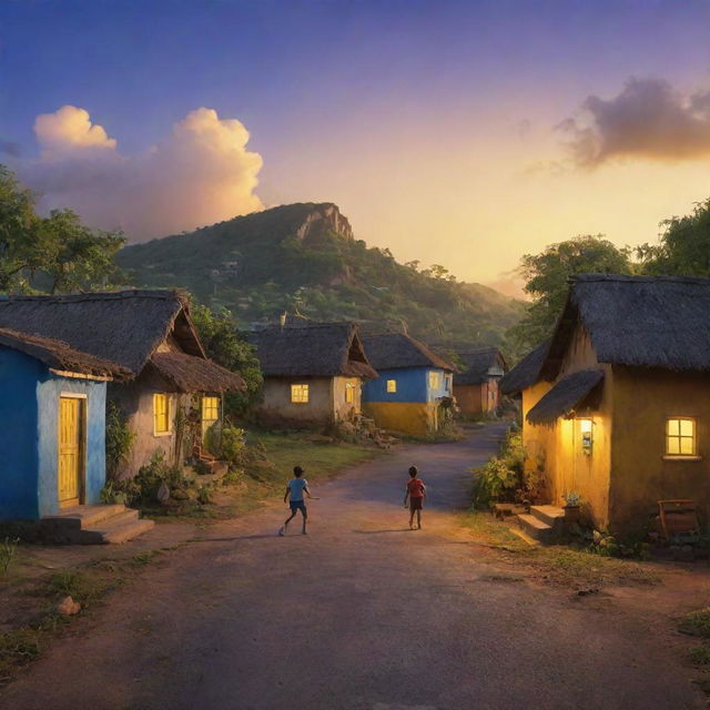 A picturesque Jamaican village with a group of young boys embarking on an exciting adventure, under the beautifully painted evening sky with streaks of yellow and blue, rendered in vibrant, charming Pixar-like 3D animation style.