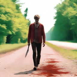 A man walking along the side of the road in the summertime, carrying a bloody knife