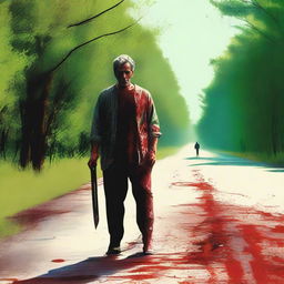 A man walking along the side of the road in the summertime, carrying a bloody knife