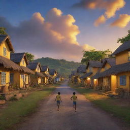 A picturesque Jamaican village with a group of young boys embarking on an exciting adventure, under the beautifully painted evening sky with streaks of yellow and blue, rendered in vibrant, charming Pixar-like 3D animation style.