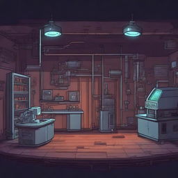 Create a 2D game scene of 512x512 pixels depicting the dark, modern, and terrifying abandoned laboratory base of Dr