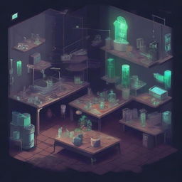 Create a 2D game scene of 512x512 pixels depicting the dark, modern, and terrifying abandoned laboratory base of Dr