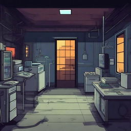 Create a 2D game scene of 512x512 pixels depicting the dark, modern, and terrifying abandoned laboratory base of Dr