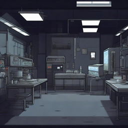 Create a 2D game scene of 512x512 pixels depicting the dark, modern, and terrifying abandoned laboratory base of Dr