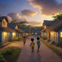 A picturesque Jamaican village with a group of young boys embarking on an exciting adventure, under the beautifully painted evening sky with streaks of yellow and blue, rendered in vibrant, charming Pixar-like 3D animation style.