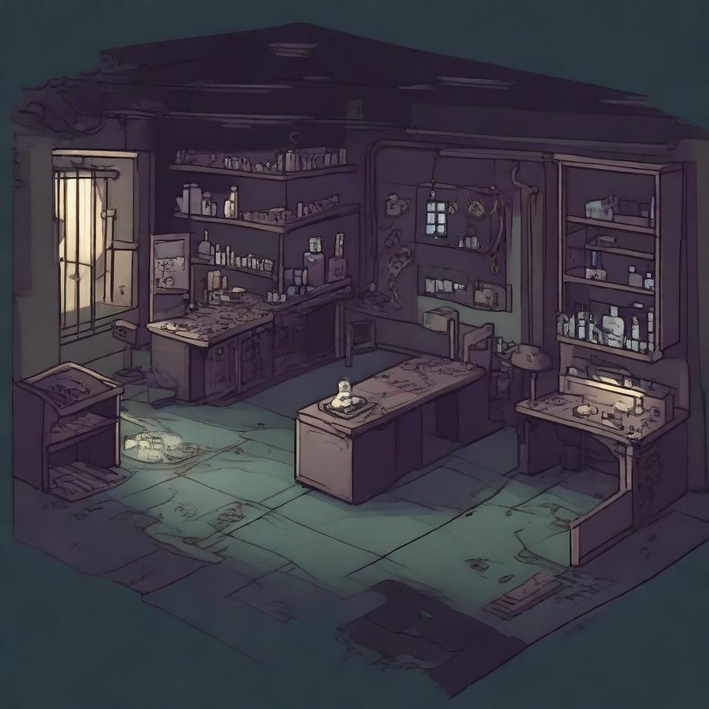 Create a 2D game scene of 512x512 pixels depicting the dark, modern, and terrifying abandoned ancient base laboratory of Dr