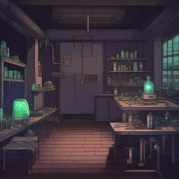 Create a 2D game scene of 512x512 pixels depicting the dark, modern, and terrifying abandoned ancient base laboratory of Dr