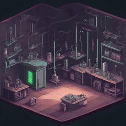 Create a 2D game scene of 512x512 pixels depicting the dark, modern, and terrifying abandoned ancient base laboratory of Dr