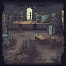 Create a 2D game scene of 512x512 pixels depicting the dark, modern, and terrifying abandoned ancient base laboratory of Dr