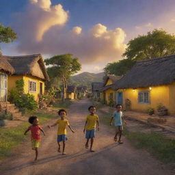 A picturesque Jamaican village with a group of young boys embarking on an exciting adventure, under the beautifully painted evening sky with streaks of yellow and blue, rendered in vibrant, charming Pixar-like 3D animation style.