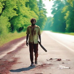 A man walking along the side of the road in the summertime, carrying a small bloody machete