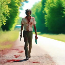 A man walking along the side of the road in the summertime, carrying a small bloody machete