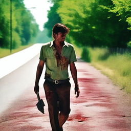 A man walking along the side of the road in the summertime, carrying a small bloody machete