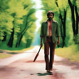 A man walking along the side of the road in the summertime, carrying a small bloody machete