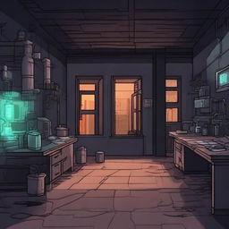 Create a 2D game scene of 256x256 pixels depicting the dark, modern, and terrifying abandoned ancient base laboratory of Dr