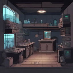 Create a 2D game scene of 256x256 pixels depicting the dark, modern, and terrifying abandoned ancient base laboratory of Dr