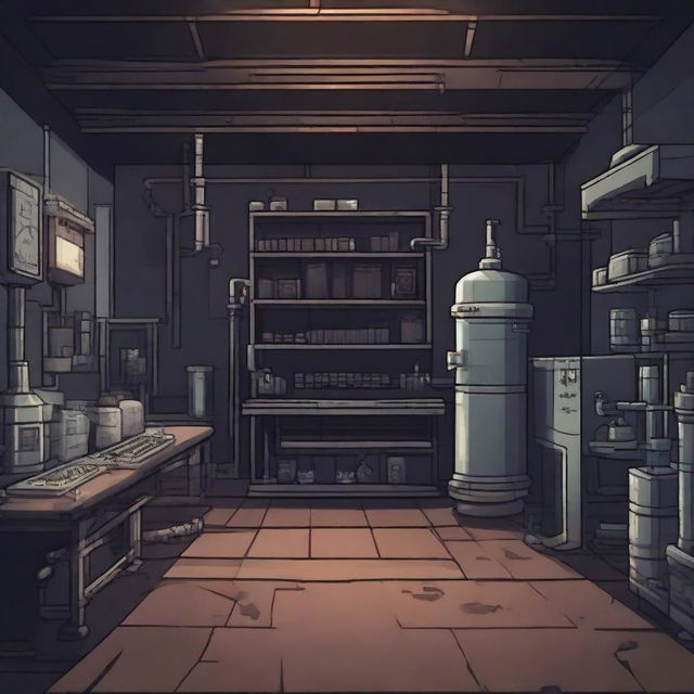 Create a 2D game scene of 256x256 pixels depicting the dark, modern, and terrifying abandoned ancient base laboratory of Dr