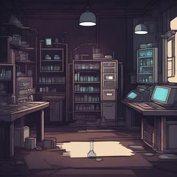 Create a 2D game scene of 256x256 pixels depicting the dark, modern, and terrifying abandoned ancient base laboratory of Dr