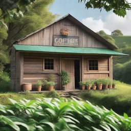 A detailed image of a rustic coffee warehouse facade in the countryside