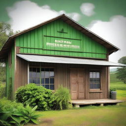 A detailed image of a rustic coffee warehouse facade in the countryside