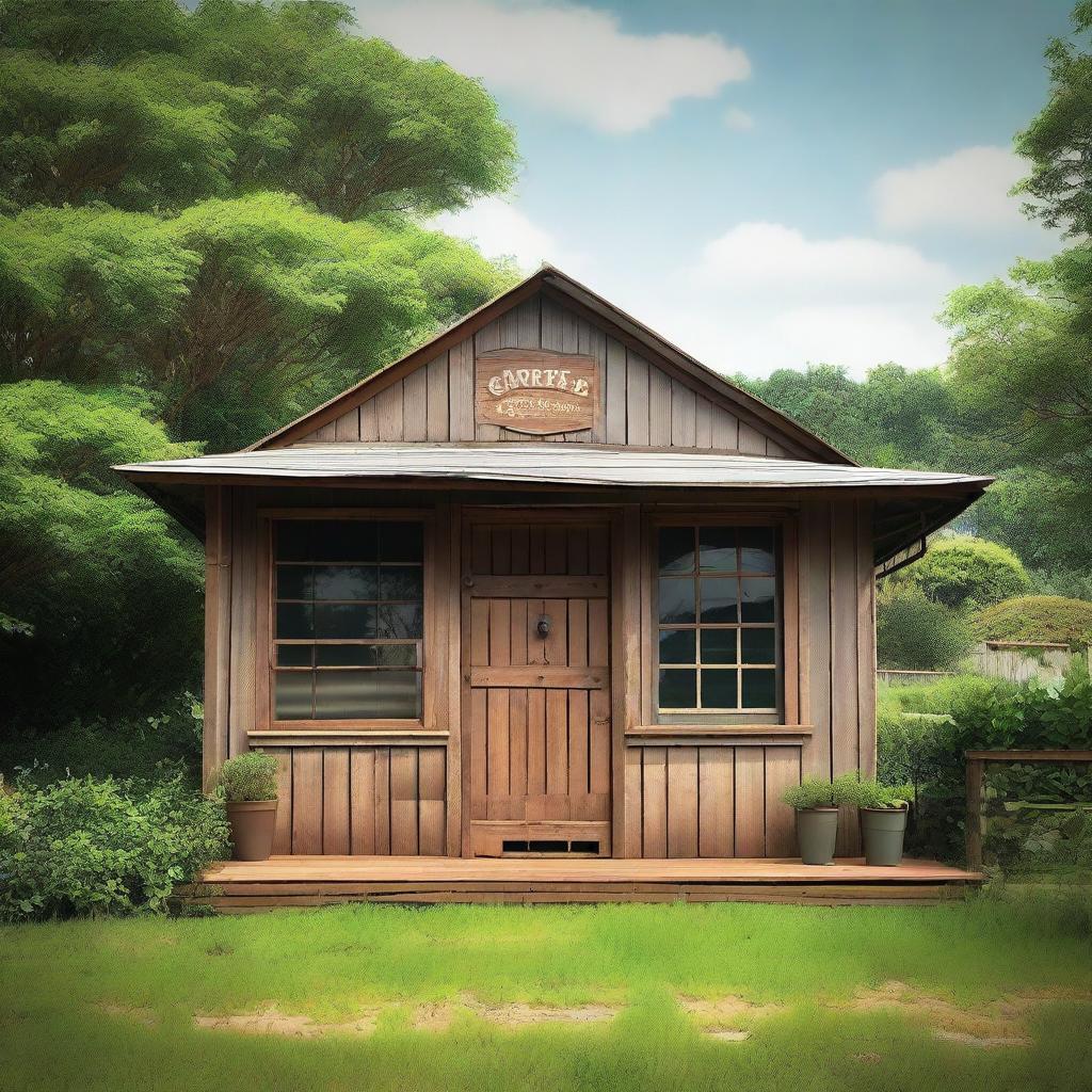 A detailed image of a rustic coffee warehouse facade in the countryside