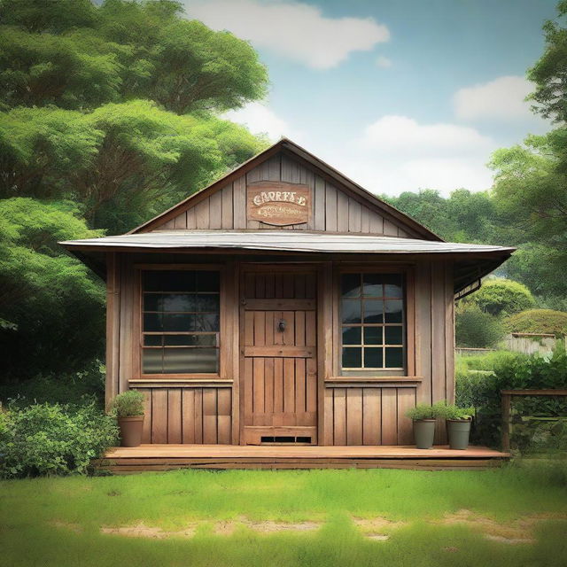 A detailed image of a rustic coffee warehouse facade in the countryside