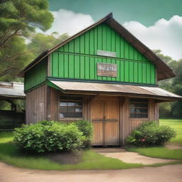 A detailed image of a rustic coffee warehouse facade in the countryside