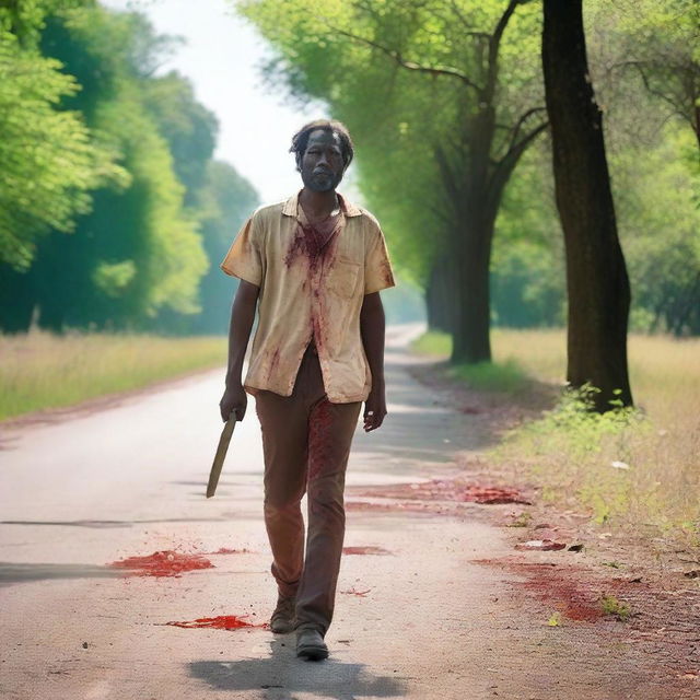 A man walking along the side of the road in the summertime, carrying a small bloody machete